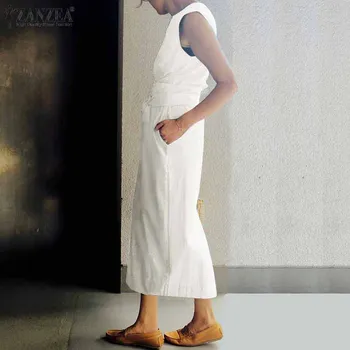Kvinder er Sommer Split Sundress 2021 ZANZEA Mode Maxi Kjole Afslappet Solid Sarafans Vestidos Belted Solid Robe Femme Plus Størrelse