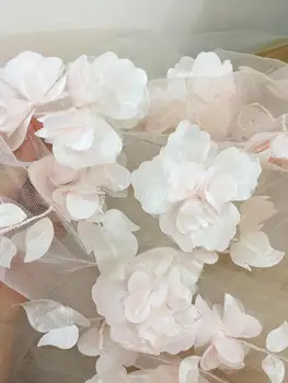 1 Værftet 3D Fuld Blomst Blomst Tyl Blonde Stof i Blush Off White , Blødt Tyl Brudekjole Brude Kjole Prom Kjole Stof