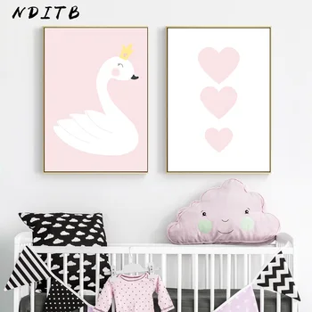 NDITB Baby Pige Nurser Væg Kunst, Lærred Maleri Pink Tegnefilm Svane Hjerte Plakater Udskriver Nordiske Stil Dekoration Billeder