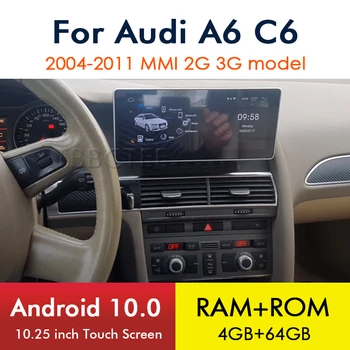 Android 10 4+64 8 kernen For Audi A6 C6 4F 2004~2011 MMI 2G-3G-Car Multimedia-afspiller, GPS-Navigation, Stereo trådløse carplay