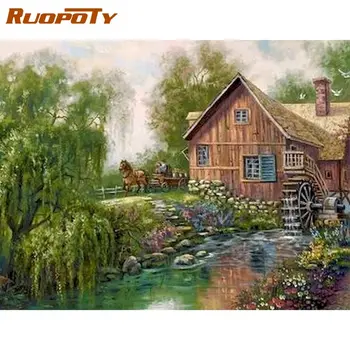 RUOPOTY Træ-Hus Ved Floden, Natur Maleri Af Tal For Voksne Håndmalet Unik Gave Moderne Hjem Decor Art Maling