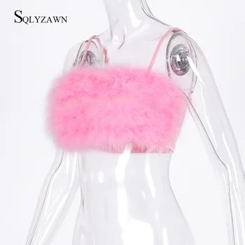 Kawaii Faux Fur Bralette Afgrøde Top Kvinder Streetwear Sexet Fjer Camis Sød Pink Sort Hvid Tank Koreanske Spaghetti Strop Tøj