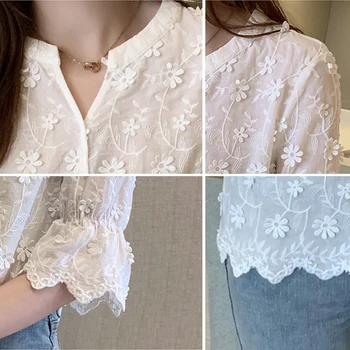 2021 Spring Nye Stereoskopisk Broderet Hvid Ren Bomuld Bluse Blomster Korte Ærmer Woman 's Skjorte Mode Lady' s Skjorte 9638