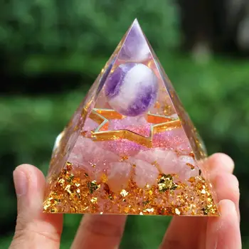 Amethyst Crystal Sfære Orgonite Pyramide med rosakvarts Reiki Chakra Energi Orgone Pyramide Samling EMF Beskyttelse