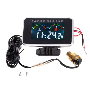 12V/24V Bil LCD-Vand Temperatur-Måler Termometer Voltmeter Måle 2in1 Temp & Spænding Meter 17mm Sensor H7ED
