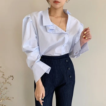 Kimotimo Kvinder Bluse Lang Puff Ærmer Stribe Shirt Femme Oversize Kausale Koreanske Elegante Arbejde Blusas 2021 Foråret Efteråret Mujer