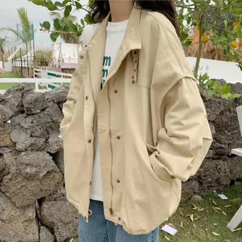 Jakker Kvinder Plisserede Solid Enkle Casual Lommen Alle-match Studerende Løs Enkelt Breasted Streetwear Harajuku Trendy Frakke