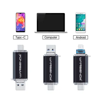 WANSENDA 3 i 1 OTG Pendrive USB3.0 & Type-C & Mikro-USB-Flash-Drev, 32GB, 64GB 128GB 256 GB 512 GB USB-OTG-USB-Stick Flash-Drev