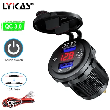 LYKAS Hurtig Opladning 3.0 USB Bil Oplader Stik med Touch-Kontakten På Off LED-Spænding Meter Vandtæt USB Oplader til Bil, Båd
