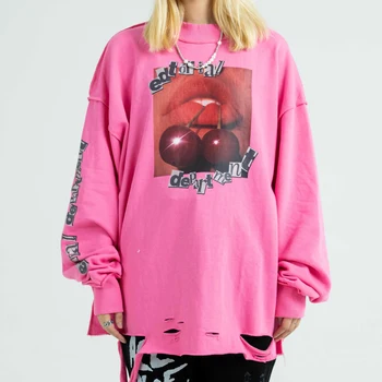 Lip Kirsebær Print T-Shirt Med Lange Ærmer 2020 Streetwear Oversize Tshirt Casual Hip Hop Tshirt Harajuku Tee Toppe Sort