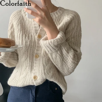 Colorfaith 2020 Efterår og Vinter Kvinder Knitwear Strikkede Cardigans-Knappen Kort Minimalistisk Vintage Elegante Damer Toppe SWC18210