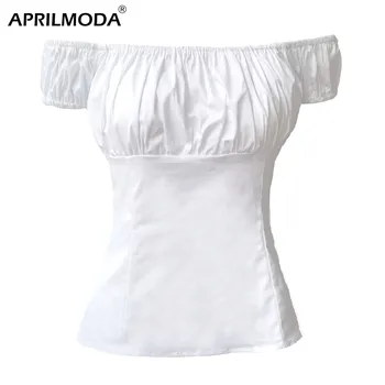 Sommer Hvid Bomuld Vintage Bluse 1950'erne Solid Toppe Slash Hals, Puff Ærmer 50s Retro Shirts Slim-Fit Dame Tøj