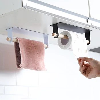 Køkken Ikke-perforeret selvklæbende Rulle Papir papirholder Håndklæde Træ-Storage Rack Hængende Søm-gratis Rack-Kabinettet