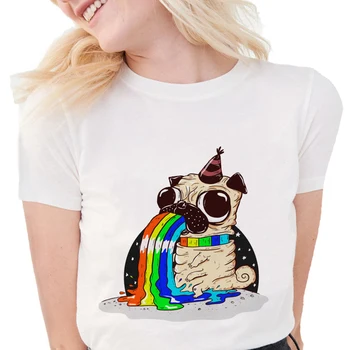 Sommer Sjov Rainbow Pug T-Shirt Kvinde Mops Elskere Og Rainbow Trykte T-Shirts O-hals Blød kortærmet Casual Hvide Toppe S1750