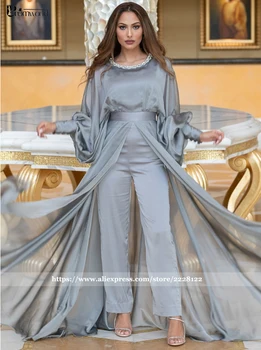 Grå Elegant Flare Buksedragt Aften Kjoler Med Lange Ærmer Robe De Aften Chiffon Krystaller Krave Dubai Arabisk Formel Prom Kjoler