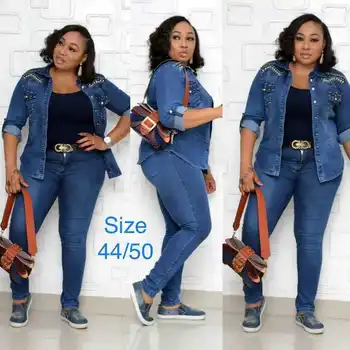Casual jeans, der passer kvindelige denim 2 stykke tøj til kvinder, sort/ blå syv-punkt ærme jeans top + bukser, slim træningsdragt, efterår