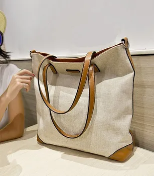 NYE Store Lærred Poser Til Kvinde 2019 Ny Farve Matchende Vævning Store Håndtaske Kvinder Stort Travel Tote Shoulder Bag Håndtaske Design