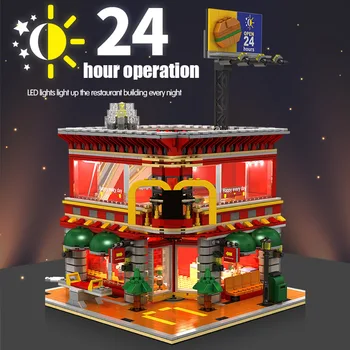 1729pcs 4 I 1 Mini City Street View LED-Restaurant Hus, Bil, Mad Lastbil byggesten Legetøj For børn