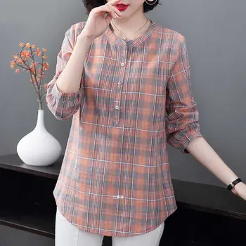 Kvinder Foråret Efteråret Stil Bomuld Bluser Shirt til Kvinder O-Hals Lange Ærmer-Knappen Plaid koreanske Elegante Toppe DD9114