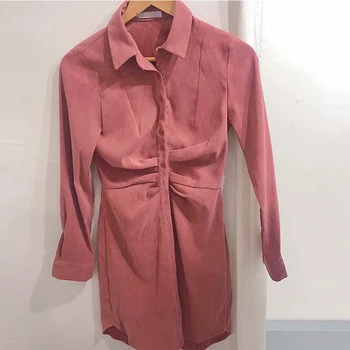Velvet Knappen Shirt Kjole Kvinder Bodycon Lange Ærmer Elbise Sexet Vintage Foråret 2020 Office-Pink Mini Vestito Donna Moda Feminina
