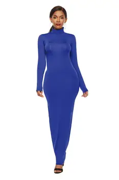 2020 Foråret Sommeren Kvinder Solid Afslappet Slank Bodycon Pakke Hip Maxi Dress Langærmet Rullekrave Elastisk Lang Kjole Plus Størrelse