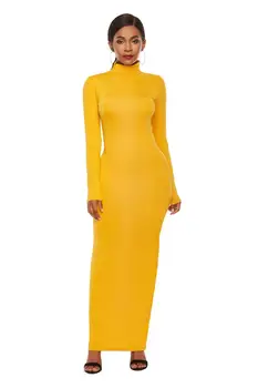 2020 Foråret Sommeren Kvinder Solid Afslappet Slank Bodycon Pakke Hip Maxi Dress Langærmet Rullekrave Elastisk Lang Kjole Plus Størrelse