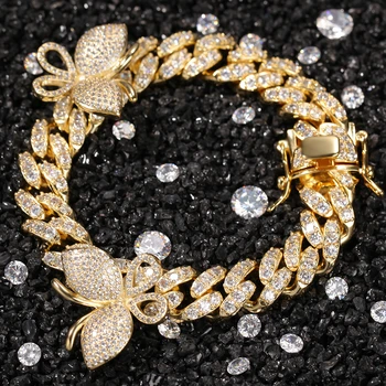 BLING KING 12mm CZ Rotere butterfly Armbånd Iced Out CZ Armbånd Guld, sølv farve For Mænd Luksus Lås Drop Shipping