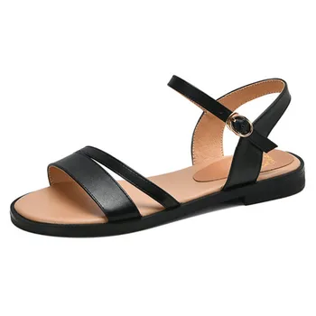 Ko læder sandaler til kvinder sko til kvinder sommeren flade sandaler ladies casual sko størrelse 34-43