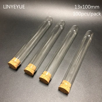 100 stk/pakke 13x100mm Lab Flad Bund Glas Reagensglas med Kork Prop Laboratorium Glas
