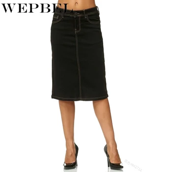 WEPBEL Vasket Denim Midi-Jeans Nederdel, Plus Size Kvinder Mode Casaul Strække Knæet Længde Denim Nederdel