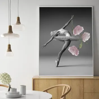 Ballet Udgør Lærred, Plakat Maleri Pink Blomst Væg Billede Udskrive i Sort / Hvid Plads Dekorative Billede Indretning til Hjemmet Urammet