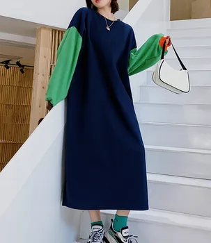 2020 Efterår Og Vinter Crewneck Sweatshirts Kvinder Plus Size Slids Pacthwork Lang Koreanske Kjole Casual Velvet Fleece Varm Løstsiddende Tøj