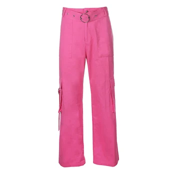 Rockmore Lommer Cargo Bukser Kvinder Plus Size Streetwear Højtaljede Joggere Bred Ben Bukser Pink Harajuku Koreansk Stil Bukser