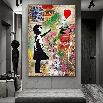 Abstract Lille Pige med En Ballon Lærred Malerier, Graffiti Wall Street Art Billeder Cuadros for Living Room Dekoration