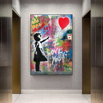 Abstract Lille Pige med En Ballon Lærred Malerier, Graffiti Wall Street Art Billeder Cuadros for Living Room Dekoration