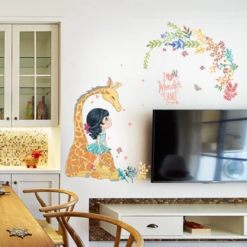 Tegnefilm Giraf Wall Stickers til børneværelset Dejlig Pige Hus Dekoration Smukke Blomster vægoverføringsbilleder Dyr vinyltapet