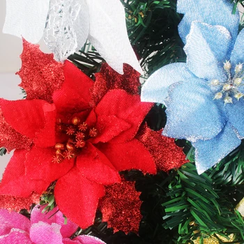 10stk/masse Kunstige Blomster, Julepynt Glitter Hule Blomst Til juletræ DIY Xmas Nye År Indretning Rød Guld