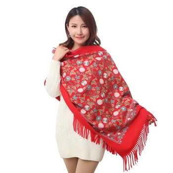 Nye Vintage Kvinder, Blomster Broderi Tørklæde Wrap Kinesiske Etiske Stil Fortykkelse Retro Flower Kant Tørklæde Sjal Varm Og Blød