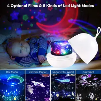 Star Night Lights for Børn 4 Sæt Film 360 Graders Rotation Star Projektor Nat Lys Projektion Lampe Baby Romantisk sengelampe