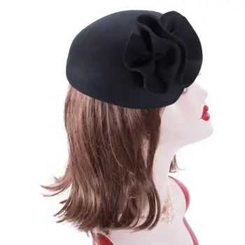 Lawliet Dråbeformet Dame Britisk Stil Uld Filt Fascinator Hat med Blomster Tam Beret Casque Cocktail Hat A566