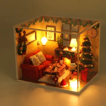 Juleaften Træ, Træ-Miniature DIY Dukkehus Tilbehør-Boks Kit Samlet Møbler Casa Dukke Hus Legetøj til Børn Gave