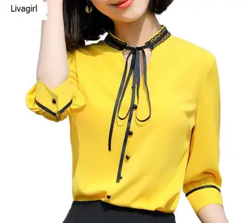 Ny mode gul bluse kvinder 2019 sommer top half sleeve shirt til kontor damer formelle arbejdstøj blusas