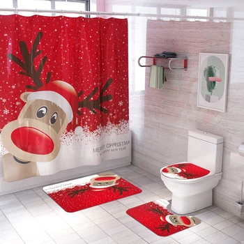 Jul Badeværelse Dekorationer Xmas Badeforhæng Foor Mat Toilet Sæde Pude Sæt Santa Snemanden Glædelig Jul Indretning Til Hjemmet