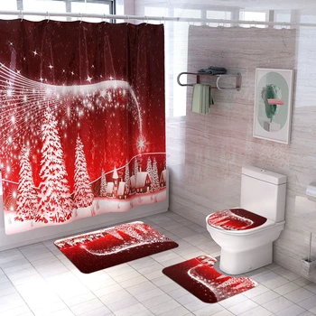 Jul Badeværelse Dekorationer Xmas Badeforhæng Foor Mat Toilet Sæde Pude Sæt Santa Snemanden Glædelig Jul Indretning Til Hjemmet