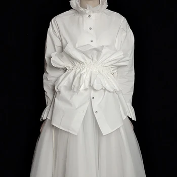 TWOTWINSTYLE Patchwork Ruched Hvid Skjorte Til Kvinder Står med Lange Ærmer Afslappet og Elegant Bluse Kvindelige Mode Tøj 2020 Sommer