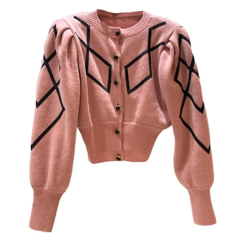 Nomikuma koreanske Hit Farve Argyle Kort Sweater Frakke Kausale O-hals Puff Lange Ærmer Strikket Jakke 2020 Nye Kvinder Cardigan 6C470