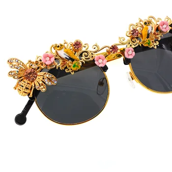 Håndlavet Luksus Barok Rhinestone Blomst Bee Solbriller til Kvinder Brand Kvindelige solbriller Oculos Crystal Briller til Fest