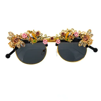 Håndlavet Luksus Barok Rhinestone Blomst Bee Solbriller til Kvinder Brand Kvindelige solbriller Oculos Crystal Briller til Fest