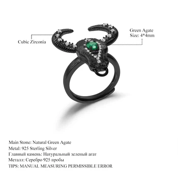 PERLE ' S BALLET 925 Sterling Sølv med Håndlavet Bull Head Ringe Naturlig Grøn Agat Justerbar Ring For Kvinder Gemstone Fine Smykker
