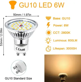 GU10 LED Pære Spor Belysning Halogen 6W Lampe Tilsvarende 60W Spotlight Forsænket Lys, Dagslys Hvid 6000K 480 Lumen 5Packs